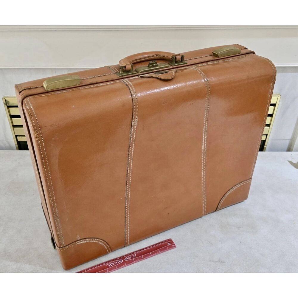 Vintage Leather Luggage Travel Suitcase, Tan Saddle Stitched, MCM, Circa 1950s
